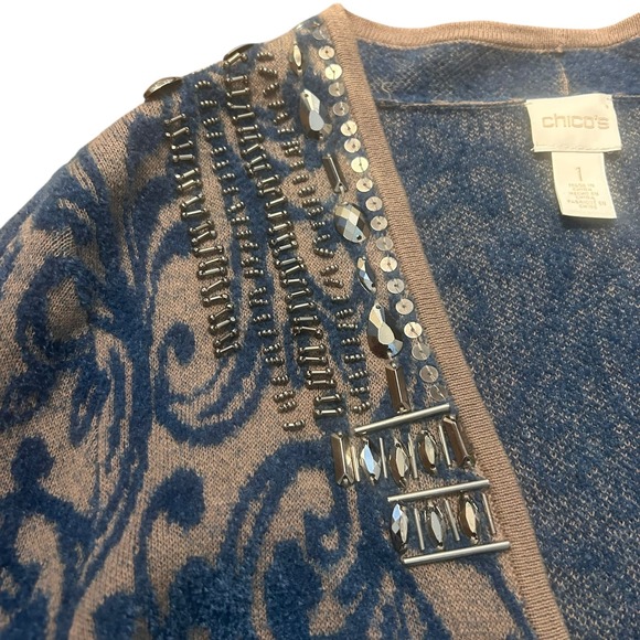 Chicos Beaded‎ Embellished Blue Tan Scroll Pattern Long Cardigan Sweater Size 1 - Picture 5 of 9